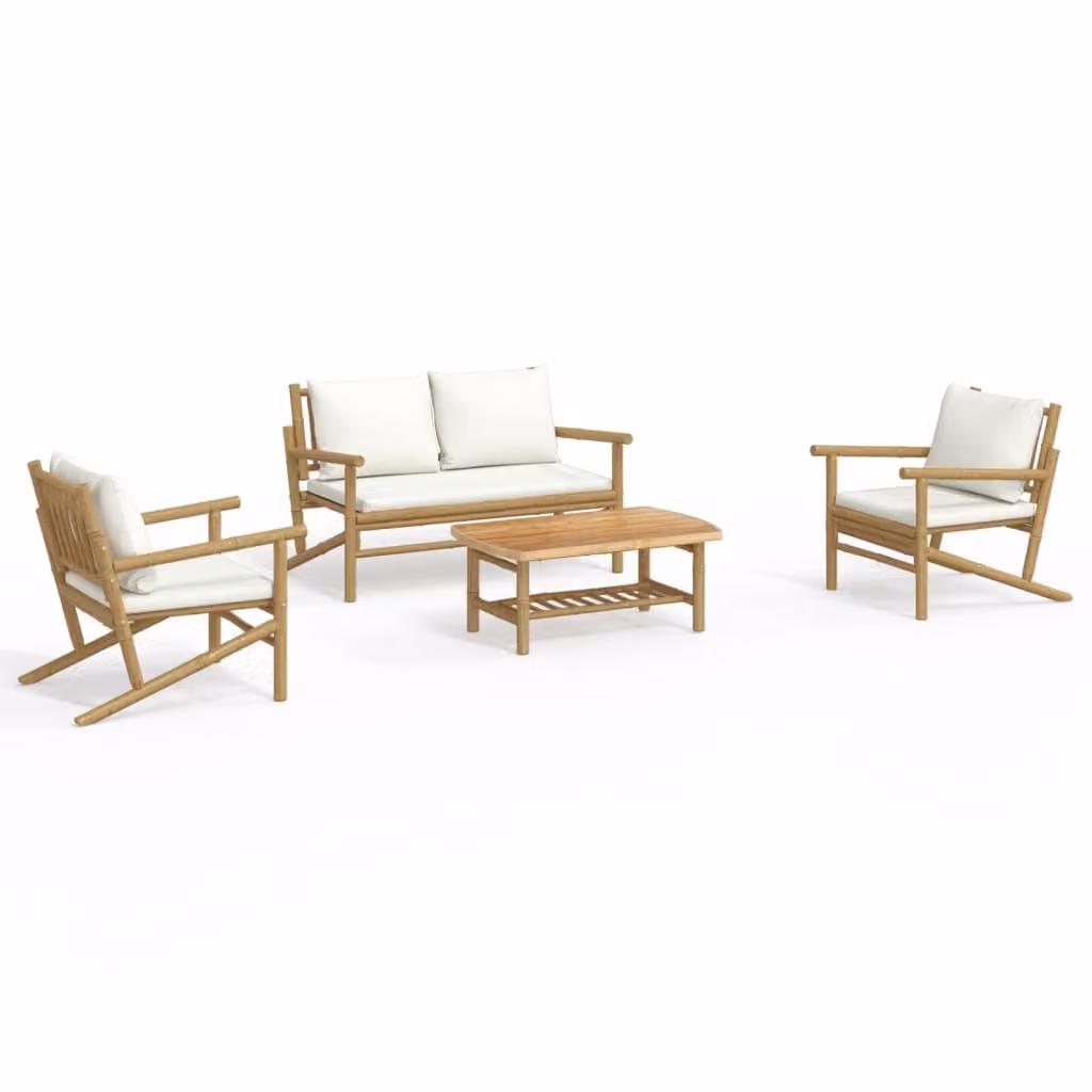 Set Salotto da Giardino 4pz con Cuscini Bianco Crema in Bambù