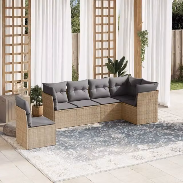Set Divano da Giardino a L VIDAXL in Polyrattan con Cuscini Beige, 6 Posti