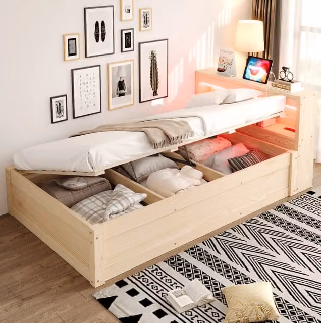 Letto multifunzione MODFU con contenitore idraulico, luci LED e porta USB, colore legno pino marrone, L/P: 200 x 90 cm