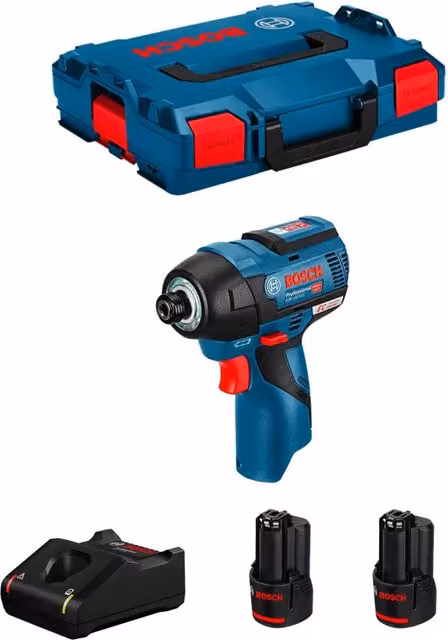 Avvitatore a massa battente Bosch GDR 12V-110 blu con 2 batterie da 3,0 Ah, caricabatterie GAL12V-40 e L-Boxx 102