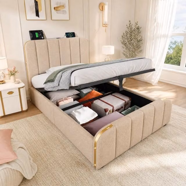 Letto 90x200 cm con contenitore idraulico, USB e USB-C in lino beige