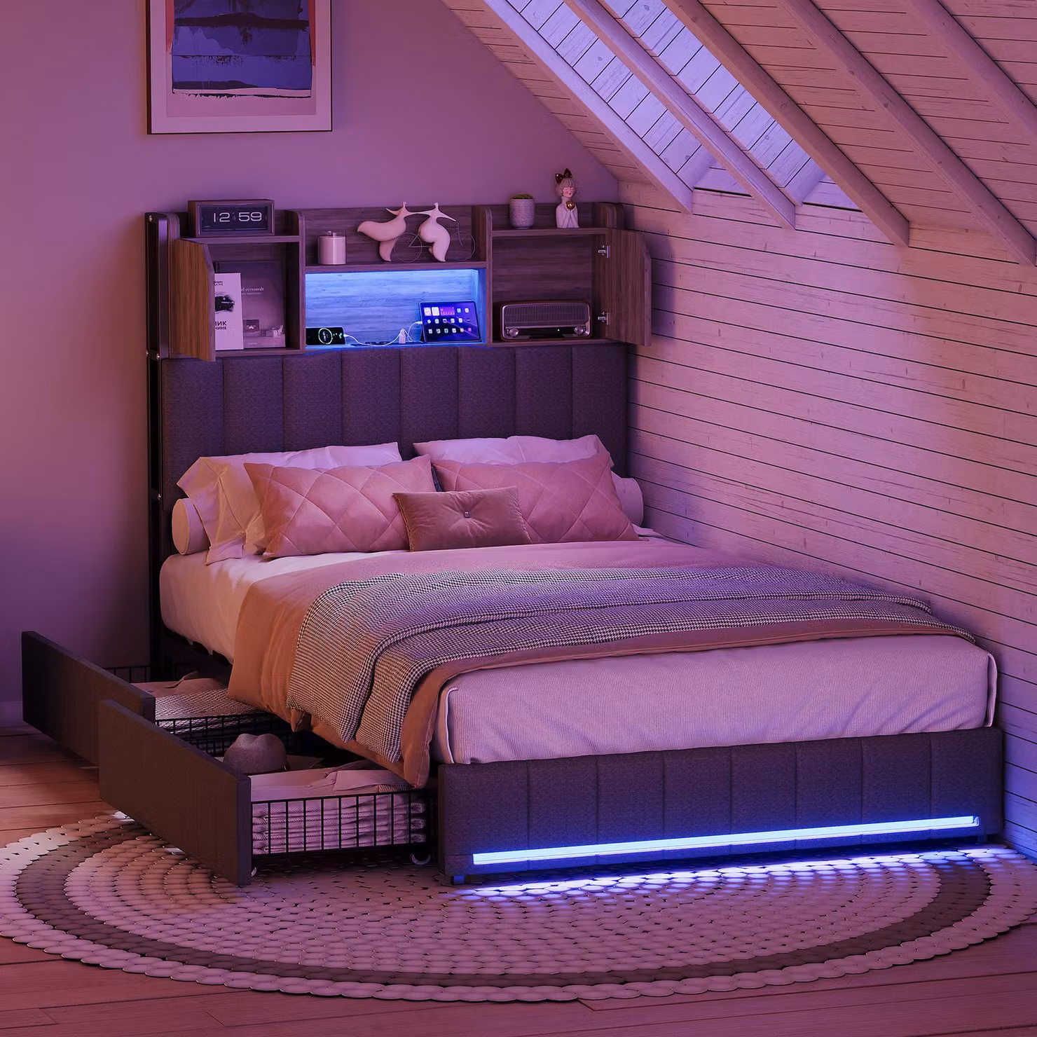 Letto singolo UnboxG 90x200 cm in lino con LED, connessione USB, spazio di archiviazione e 2 cassetti, letto con contenitore per la testata, letto contenitore grigio