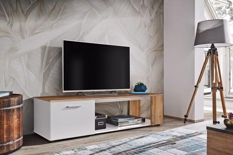 Tavolino per TV BASILIE - bianco / rovere wotan