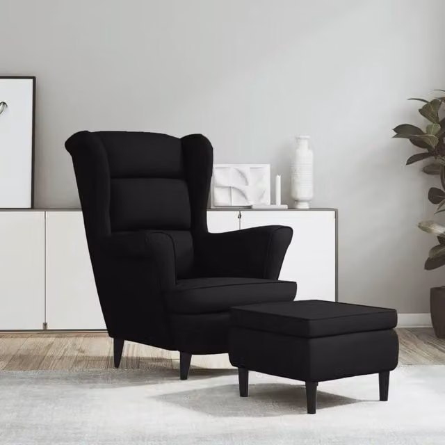 Poltrona relax con poggiapiedi integrato vidaXL in velluto nero con struttura in legno e schienale ad ala per il tuo soggiorno – 1