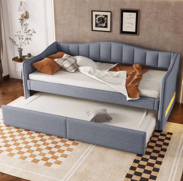 Letto da giorno grigio 90x200 cm con letto estraibile e LED, lino e MDF