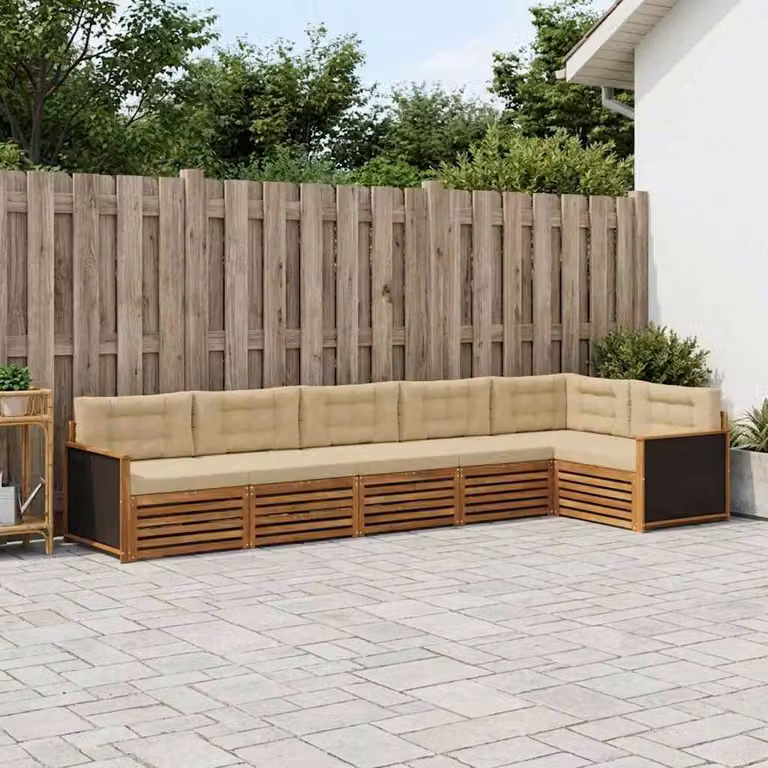 Set di divani da esterno vidaXL a forma di L composto da 6 pezzi in legno di acacia con cuscini beige e sabbia