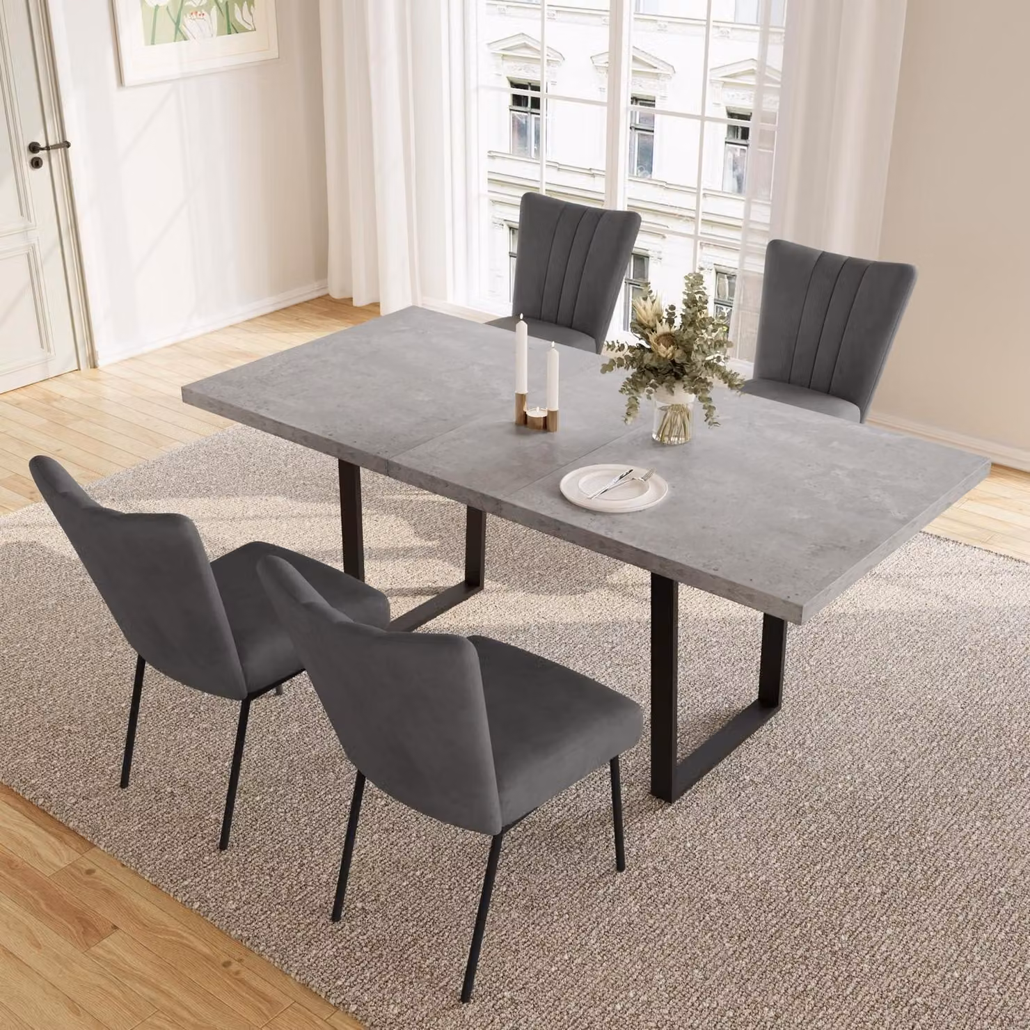 Tavolo allungabile con 4 sedie, struttura in MDF, colore grigio, dimensioni 130-170 cm