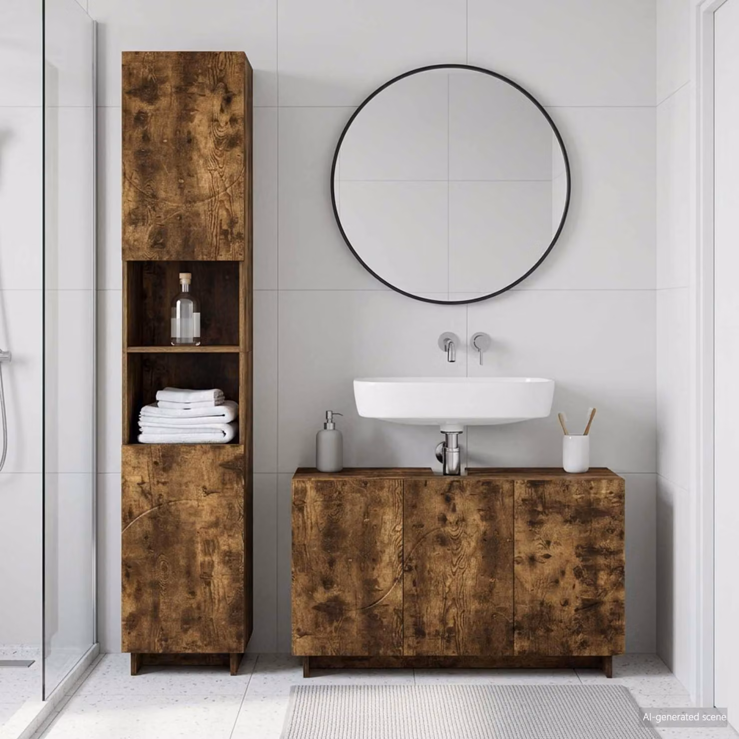 Set di mobili da bagno moderno vidaXL composto da mobile lavabo e colonna alta in legno ingegnerizzato color rovere fumo, L/P/H: 120 x 41 x 85 cm e H x L x P: 180 x 51,89 x 41 cm