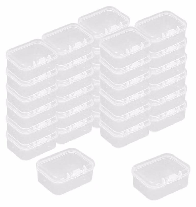 Set di 32 contenitori trasparenti in plastica con coperchio a scatto, dimensioni 45x34x20 mm