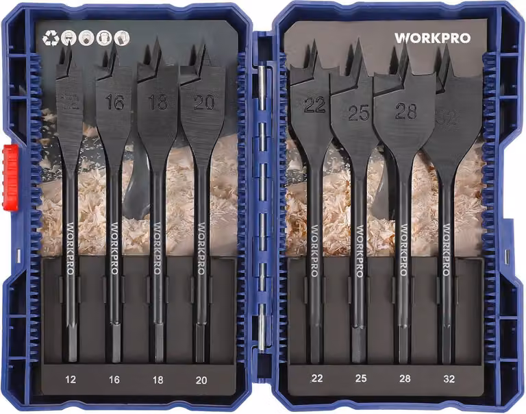 WORKPRO Set di 8 punte per frese piatte, punte per legno 12-32 mm, 150 mm, valigetta di custodia