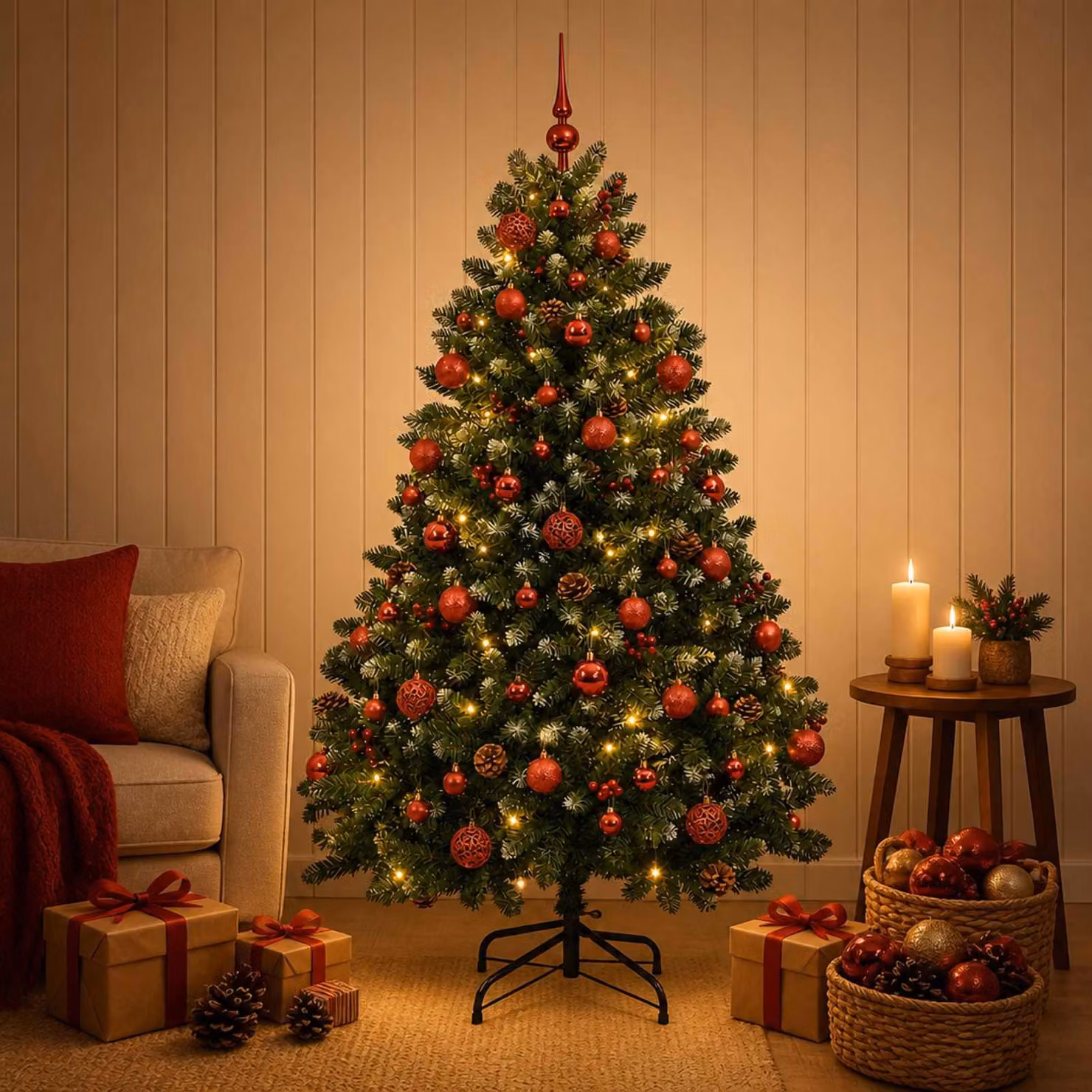 Albero di Natale artificiale, verde, con palline, altezza 150 cm, 150 luci LED