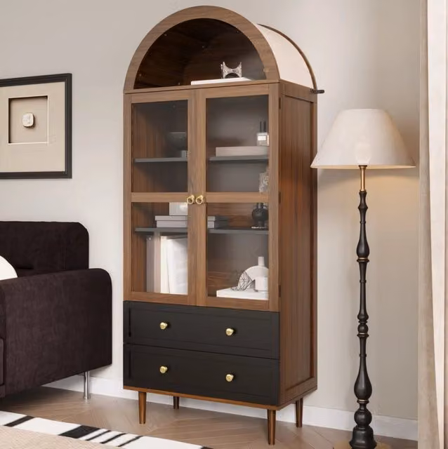 Sideboard con ripiani regolabili 70x38x165 cm in MDF e vetro colore noce