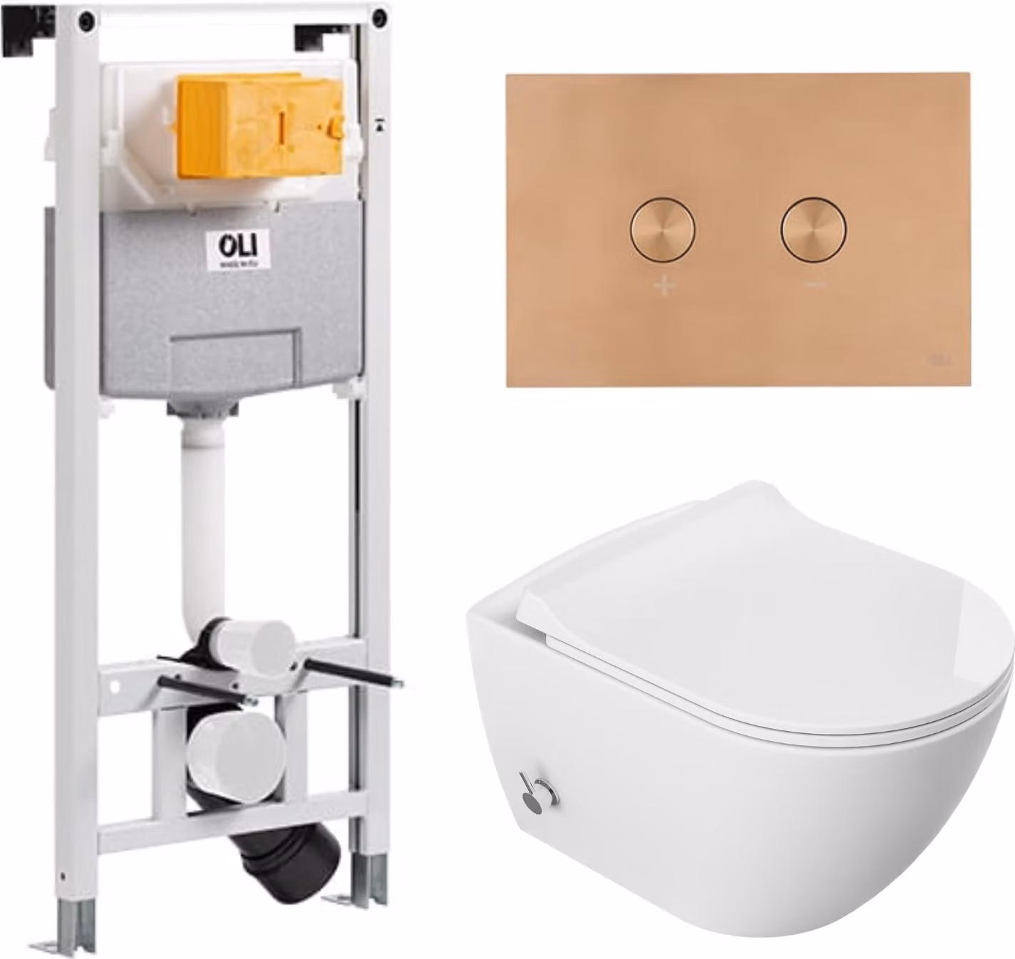 Domotechnika | Set di toilette sospesa Viba - cassetta di sicurezza - bianco - senza bordo, senza bordo, soft close, bidet integrato - pomolo in rame
