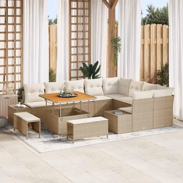 Set Divano da Giardino vidaXL 12 Pezzi Beige con Cuscini e Tavolino da Esterno in Polyrattan e Metallo
