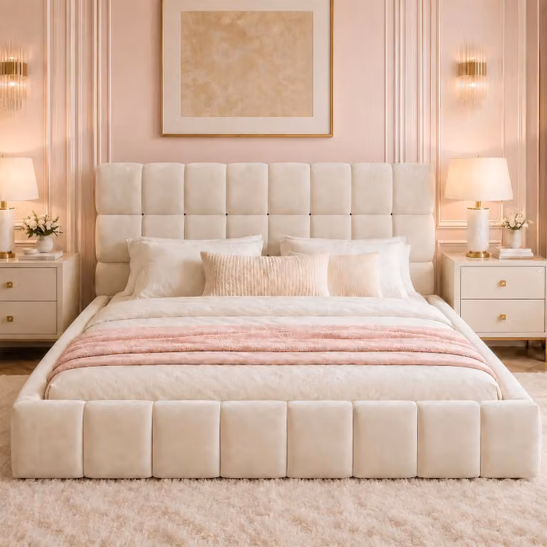 Letto imbottito Flieks 140x190 cm con rete a doghe, letto matrimoniale per ragazzi con testiera imbottita, letto per bambini in legno con bordatura imbottita, velluto, beige