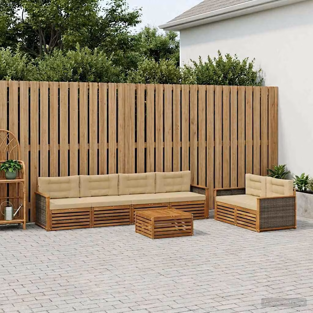 Set di divani da esterno vidaXL 7 pezzi in legno di acacia con cuscini beige e tavolino da giardino a forma di L