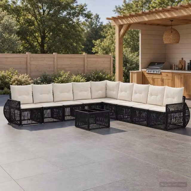 Set Divano da Giardino vidaXL 10 Pezzi Moderno in Polyrattan con Tavolino e Cuscini Nero e Bianco – 1