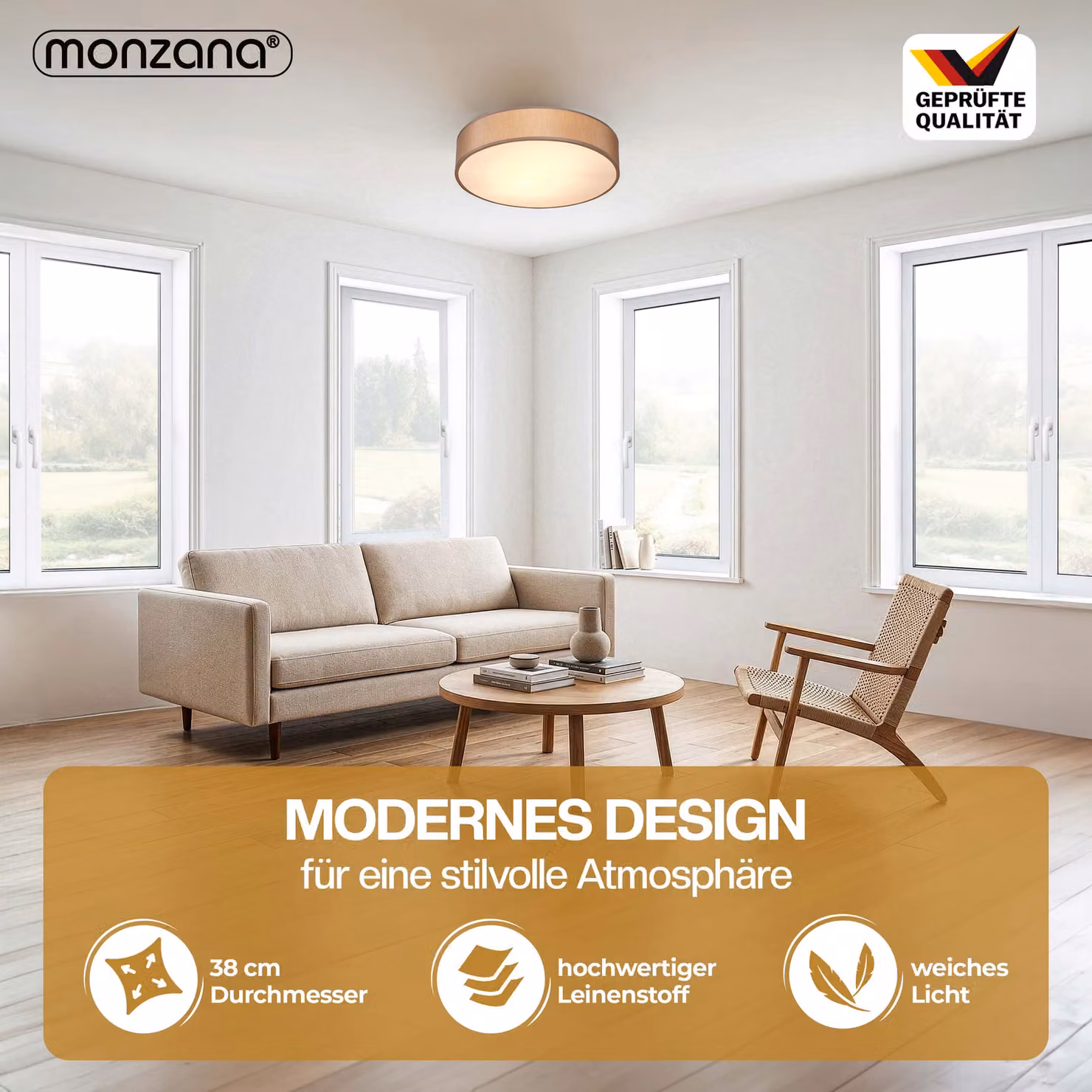 Lampadario a soffitto MONZANA in tessuto beige e metallo oro, Ø 38 cm – 2
