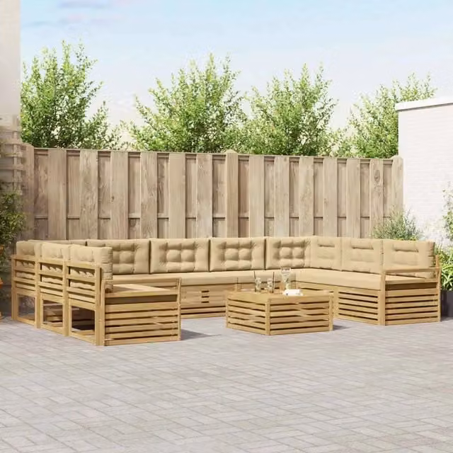 Set di divani da esterno a L con tavolino da caffè vidaXL in legno di acacia bianco e beige – 1