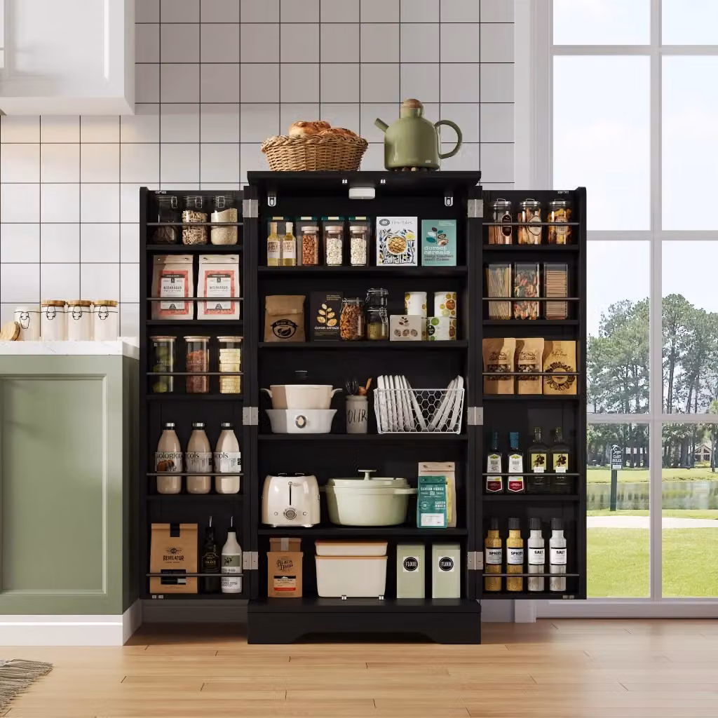 Credenza da cucina minimalista nera con luce LED integrata, 2 ante e ripiano regolabile, L 120 x P 60 x H 40 cm – 2