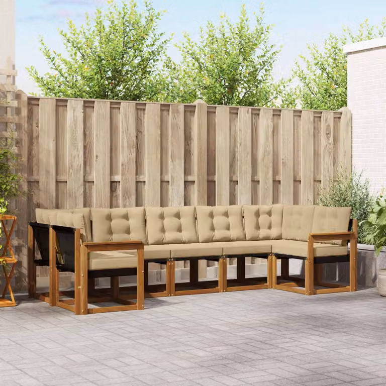 Set di divani da esterno vidaXL 7 pz in legno di acacia e tessuto textilene, colore beige e marrone, design moderno a forma di L con cuscini inclusi