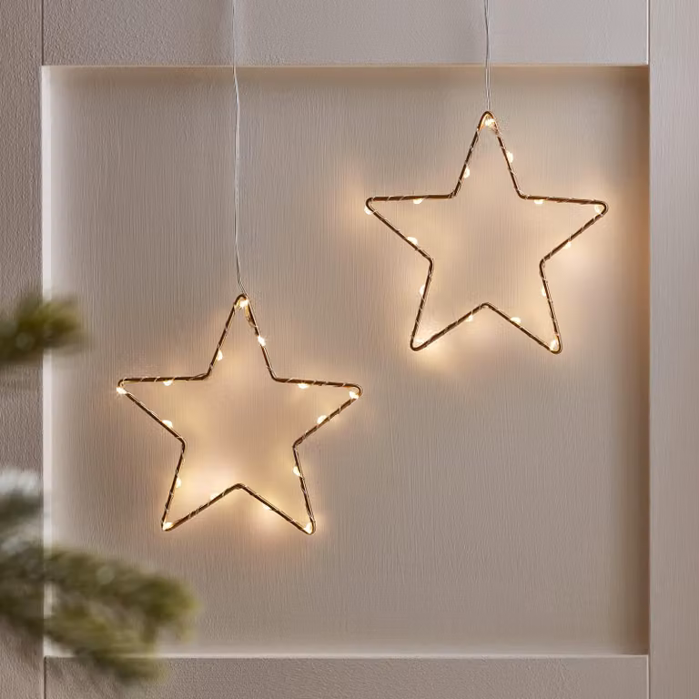 Set di 2 stelle luminose dorate, 15 cm di diametro, con luci LED bianco caldo e alimentate a batteria, dotate di timer