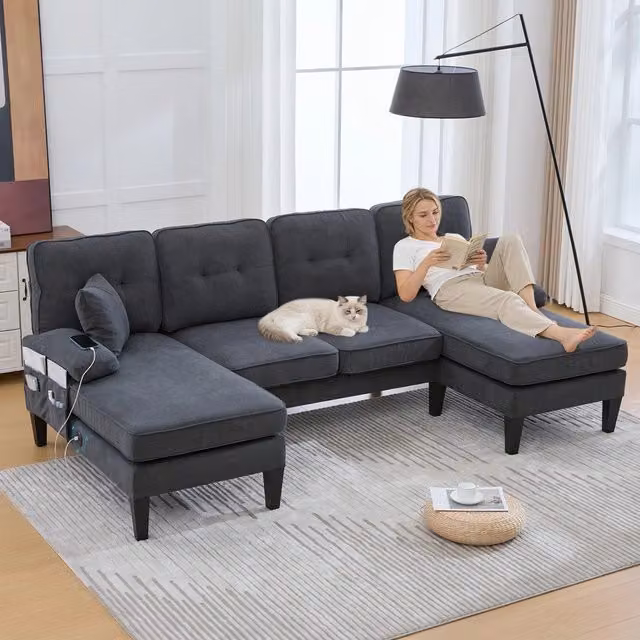 Divano 4 posti con Chaise Longue ¨C Minimal ¨C Grigio scuro tessuto imbottito con cuscini gambe in metallo