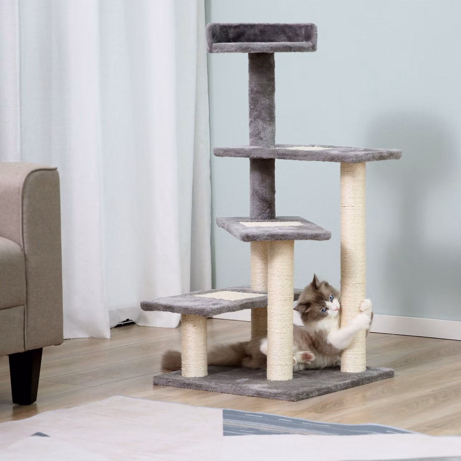 Tiragraffi per Gatti PawHut con Amaca Rotonda, Pali in Sisal Sostituibile e Rivestimento in Peluche, Grigio e Beige, Altezza: 100 cm – 2
