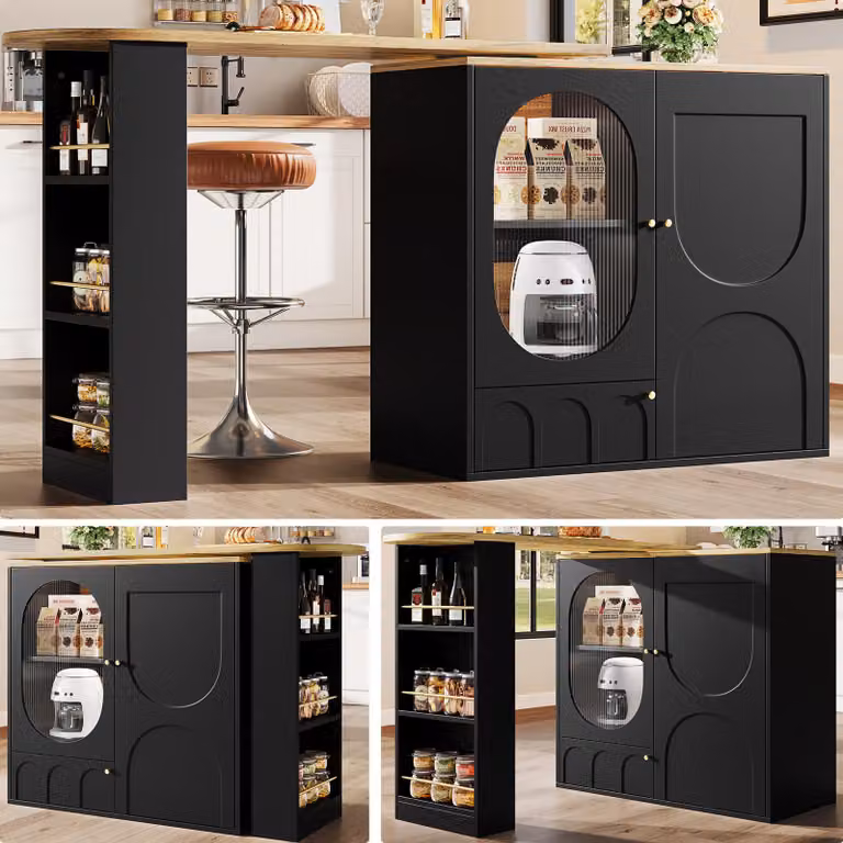 MODFU Isola da cucina con 3 ante, divisori rimovibili, portaposate girevole a 360°, tavolino con vano portaoggetti, nero