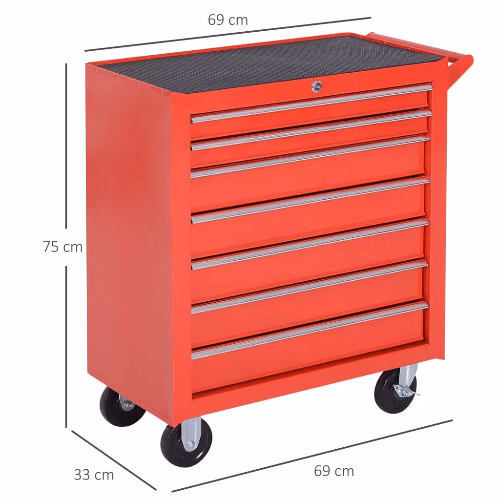 Carrello porta utensili mobile WISHDOR in acciaio con 7 cassetti, chiudibile e con ruote, rosso, L: 75,0 cm, P: 33,0 cm, H: 69,0 cm – 2