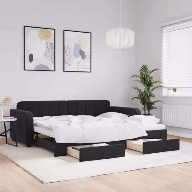 Divano Letto Estraibile con Cassetti-Sofa Letto-Daybed Nero 90x200 cm in Velluto 363150