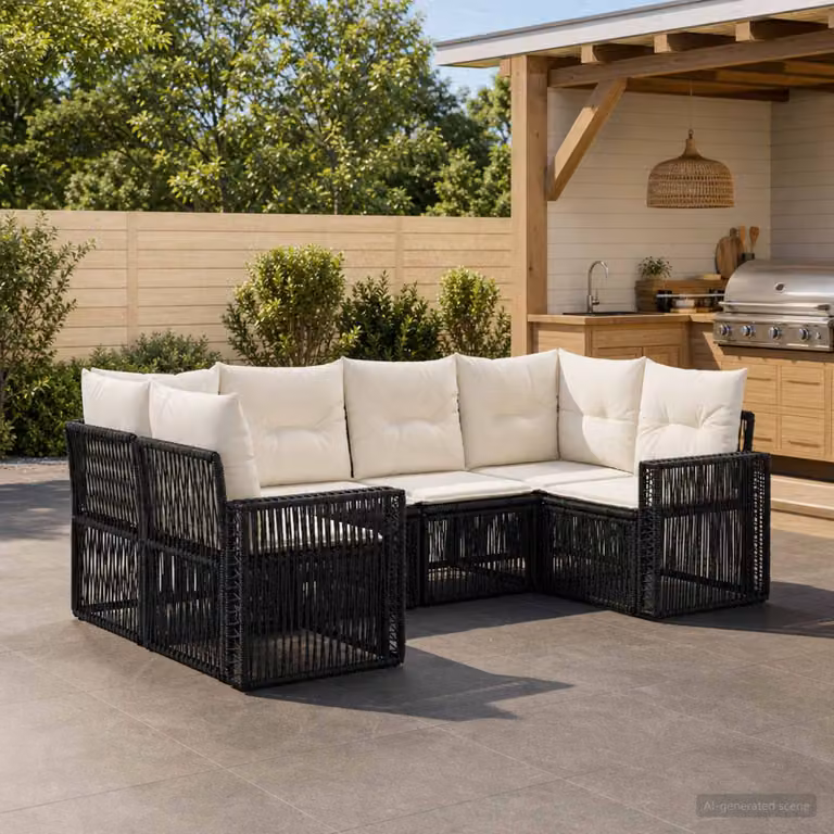 Set Divano da Giardino vidaXL 6 posti con Cuscini, Design Moderno a L, Struttura in Acciaio Verniciato a Polvere, Bianco o Nero