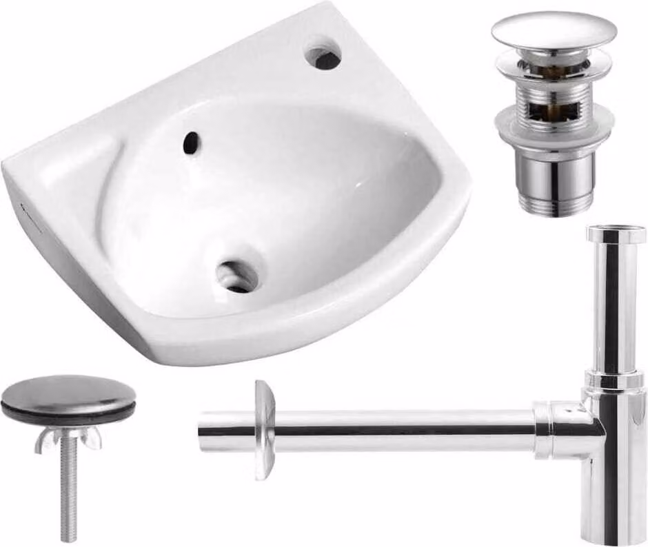 COMPOSIZIONE 4in1: Lavabo piccolo in Vetroceramica 35x28 cm sospeso bianco - sifone - tappo - tappo cieco per il foro