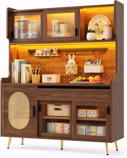Credenza LED con cassetti e pannello perforato per cucina e sala da pranzo; in MDF; marrone; 145 × 39 × 171 cm