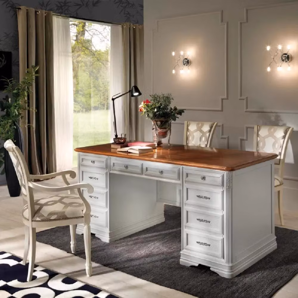 Scrivania classica con 10 cassetti in legno bianco e noce Mobili 2G L: 180 cm, P: 85 cm, H: 82 cm – 3