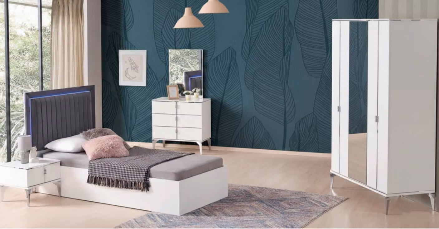 Set moderno per camera da ragazzo, 4 pezzi – letto, armadio, comodino e toeletta