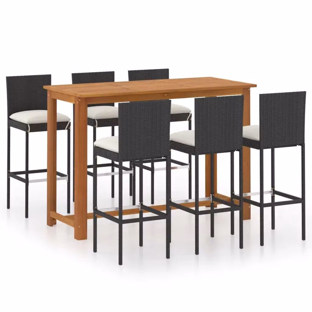 Set da bar da giardino vidaXL in polyrattan e legno di acacia con cuscini nero e beige, 7 pezzi – 2