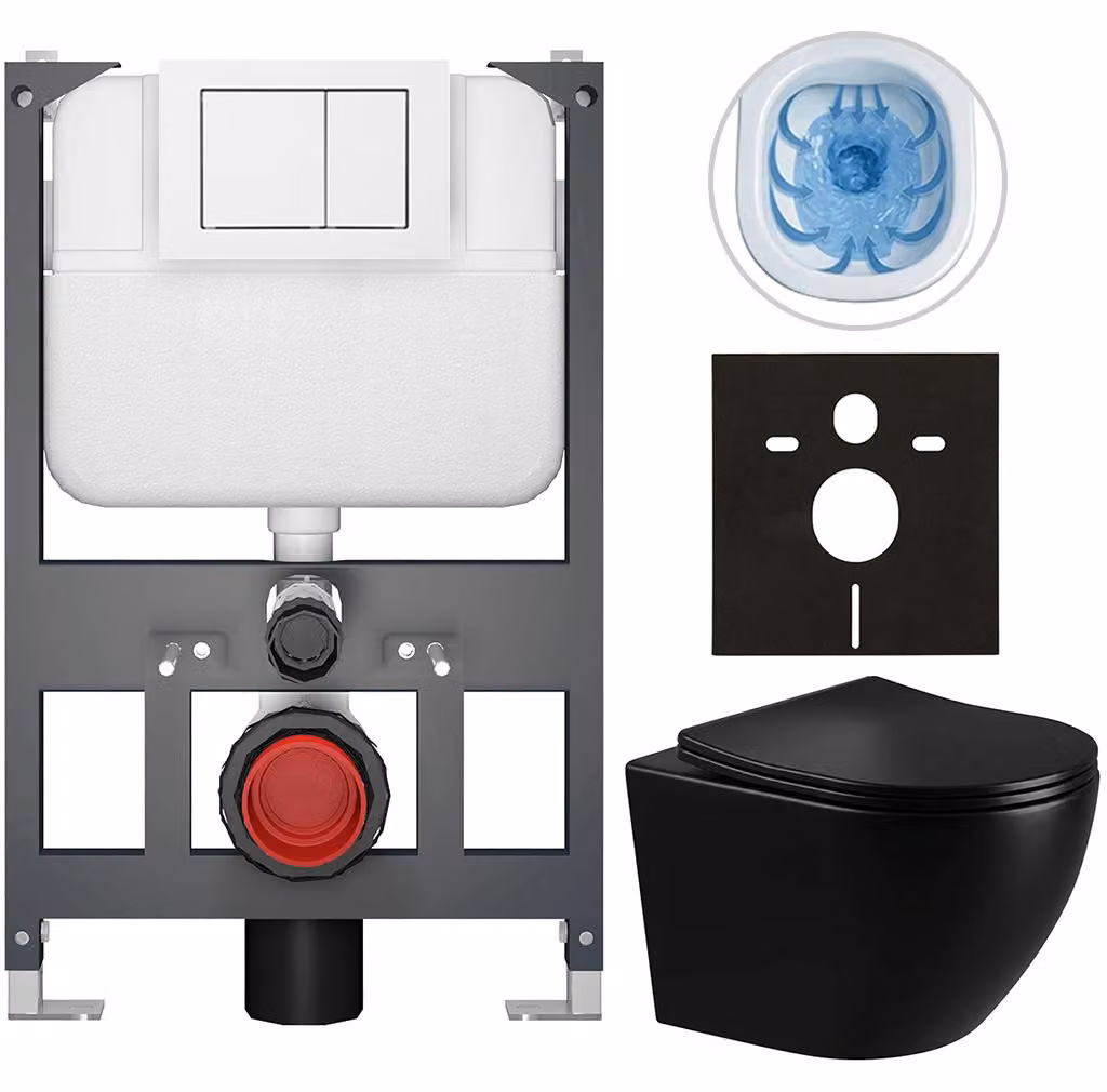 CERANO - Set WC da incasso Verde - nero lucido - pulsante Prime/Maxio, bianco - sospeso - modulo basso - installazione pre-parete/cartongesso - 49x36 cm