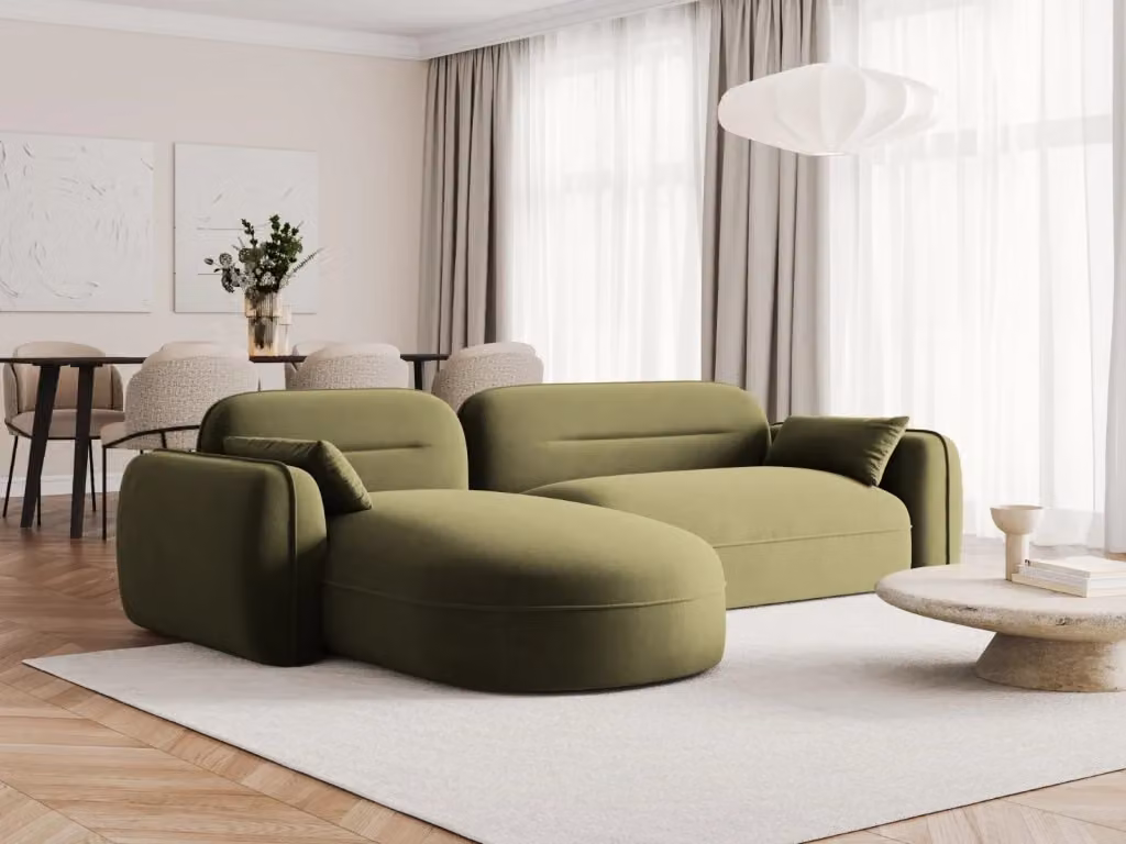 Divano angolare modulare Sydney Cosmopolitan Design a 4 posti in velluto verde chiaro, configurazione sinistra, L/P/H: 275 x 140 x 70 cm – 2
