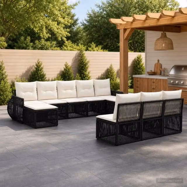 Set Divano da Giardino 10 pz Nero e Bianco Crema polyrattan 3435538