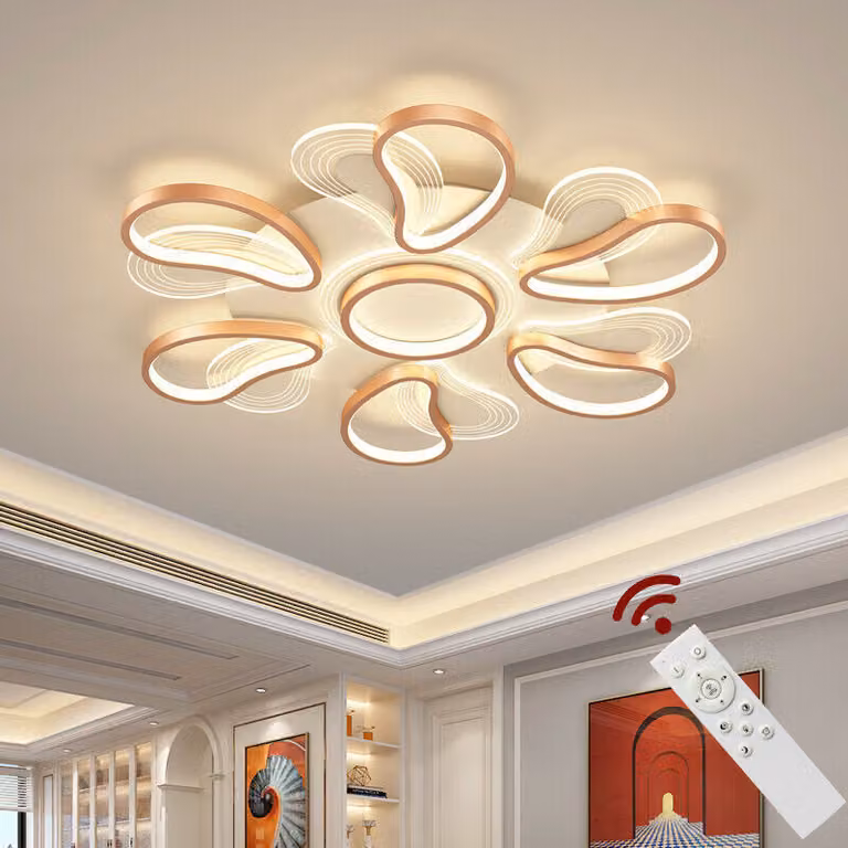 Lampada da soffitto a LED 2139-6MS, 82 cm, struttura in metallo laccato oro rosa, telecomando, colore della luce e luminosità regolabili, dimmerabile, lampada da soggiorno, lampada da soffitto