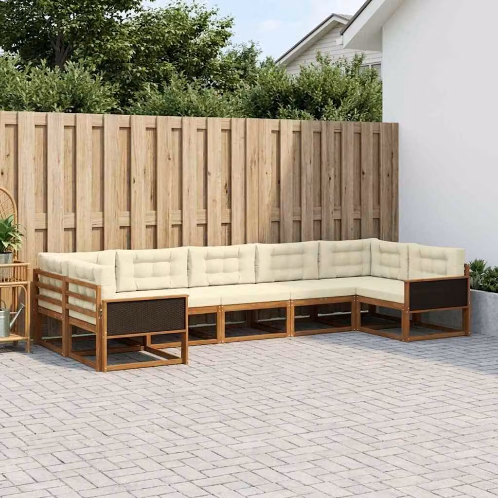 vidaXL Set di divani da esterno a L in legno di acacia con cuscini, Marrone e Beige