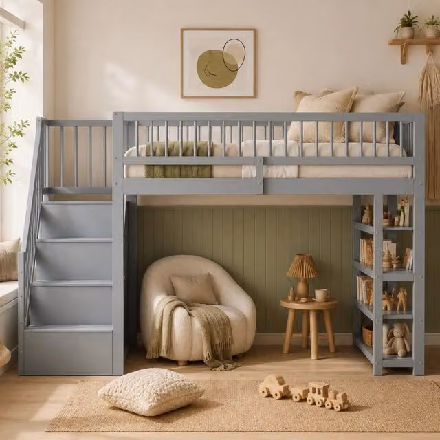 Letto a soppalco Mivray grigio con armadio, ripiani, vani contenitore e scala in legno, dimensioni 90 x 200 cm