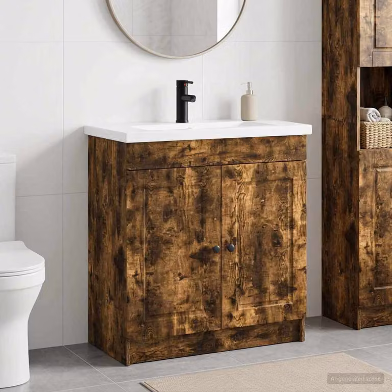 Set di mobili per il bagno moderno vidaXL in legno e metallo, colore marrone e nero, L: 78,5 cm, P: 37,5 cm, H: 81 cm