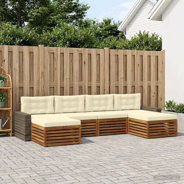 Set di divani da esterno vidaXL a forma di L in legno di acacia massello con cuscini beige e marroni, 6 pezzi