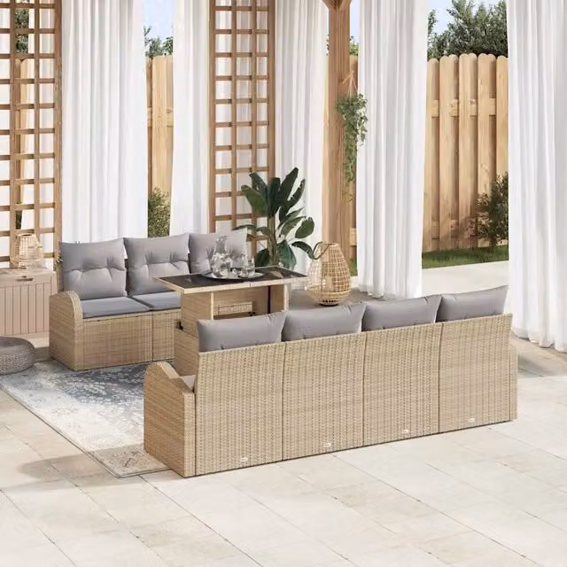 vidaXL Set Divano da Giardino a L con Tavolino, 8 Pezzi, Grigio e Beige, Struttura in Metallo e Rattan con Cuscini Inclusi