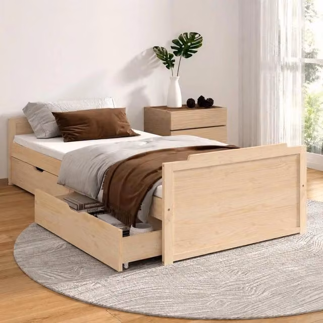 Solid Wood Bed With Drawers, Pine, 90x200 Cm