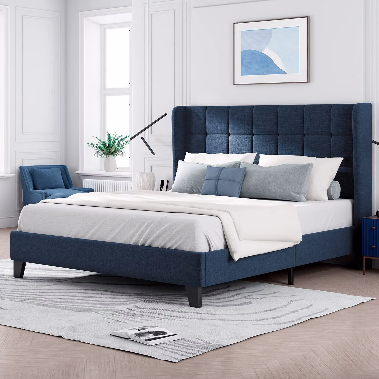 Letto imbottito Merax 140x200cm con rete a doghe e testata imbottita, letto matrimoniale giovanile in lino, blu