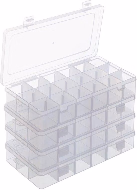 Contenitori trasparenti Unyqoos® per piccoli oggetti, set da 4 – 18 scomparti regolabili, coperchio a ribalta, realizzati in plastica di alta qualità, dimensioni 24,5 x 11,5 x 4,2 cm, ideali per gioielli e viti