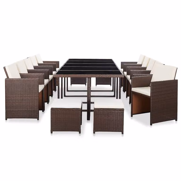 Set da pranzo da giardino vidaXL in polyrattan marrone con cuscini bianchi e tavolo in vetro